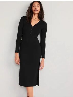 Old Navy Black Long-Sleeve Button-Front Midi Dress